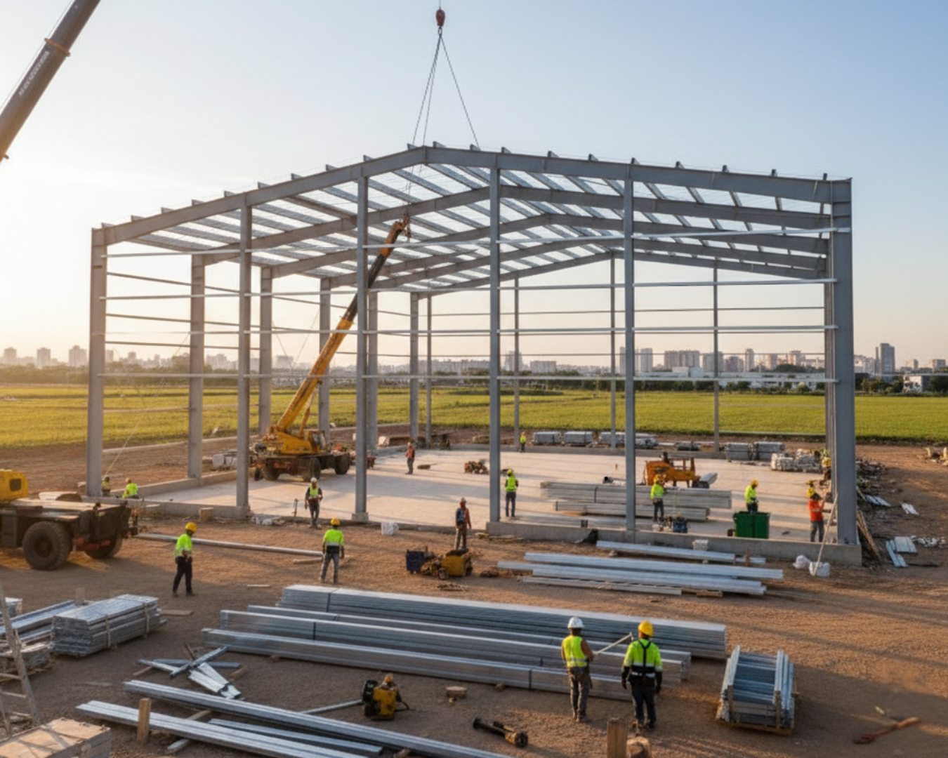 A imagem mostra um canteiro de obras de um edifício moderno e imponente, cuja estrutura é feita de alumínio. No primeiro plano, um grupo de engenheiros e arquitetos, vestidos com capacetes e coletes de segurança, está em uma plataforma de observação, apontando para a construção e inspecionando o projeto. O edifício em si tem uma fachada de treliça geométrica, com as aberturas das janelas visíveis em alguns andares, enquanto outras áreas ainda estão em construção. Ao fundo, outras estruturas semelhantes se destacam no horizonte, sugerindo uma paisagem urbana futurista. A atmosfera é de trabalho e progresso, com um guindaste em destaque, elevando uma grande placa. A imagem evoca a ideia de durabilidade, design inovador e construção em grande escala usando alumínio.