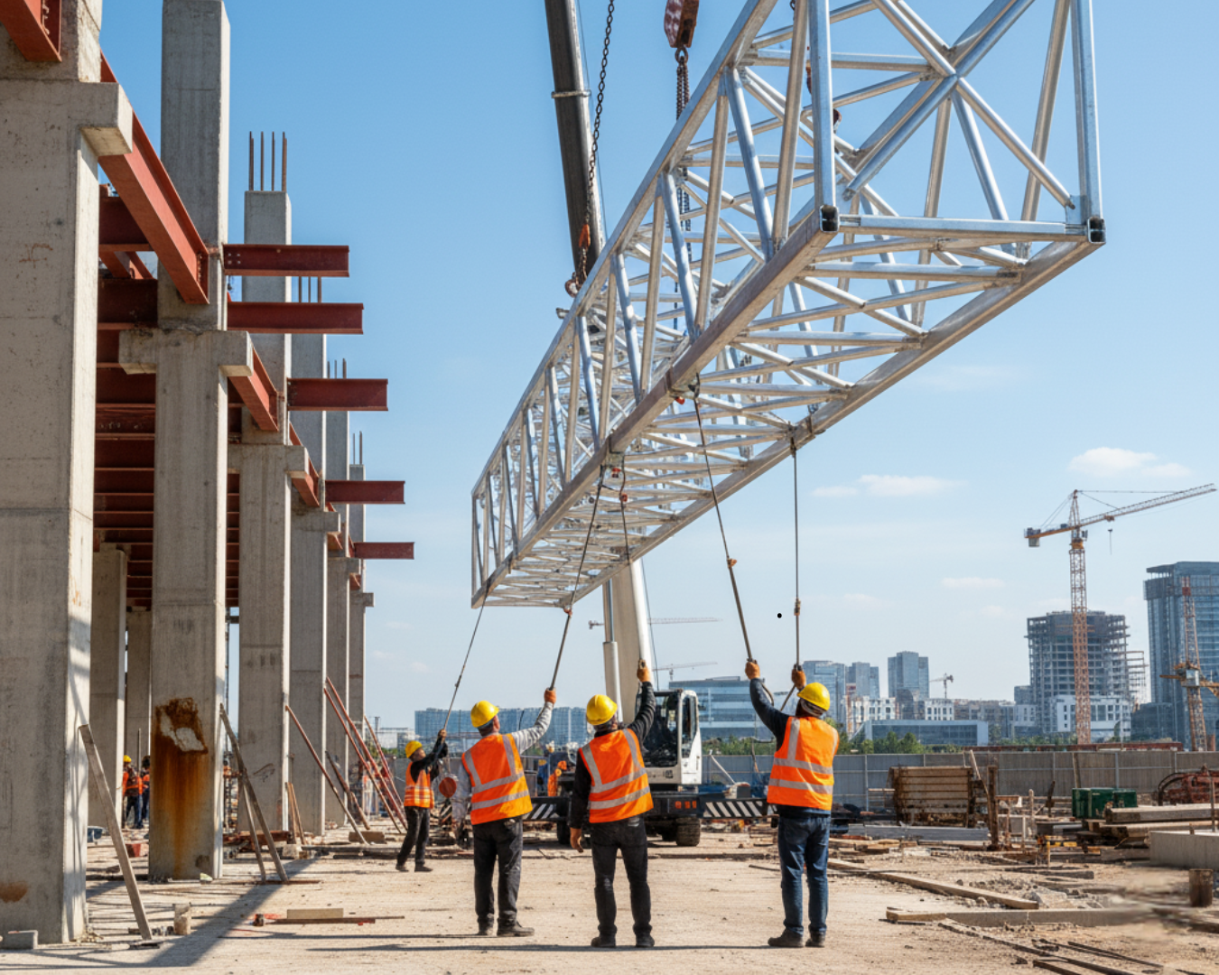 A imagem mostra uma ponte de treliça moderna e elegante de alumínio, atravessando um vale verdejante com um rio sinuoso. Ao fundo, sob um céu ensolarado, há um horizonte com prédios de arquitetura futurista.