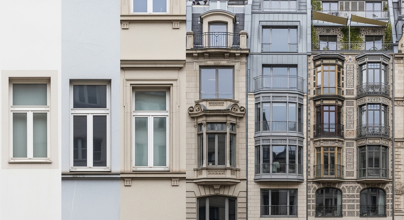 Colagem horizontal mostrando a evolução da arquitetura de fachadas através de janelas. A imagem transita de estilos minimalistas e modernos à esquerda, em tons de branco e azul, para edifícios históricos detalhados com molduras ornamentadas, varandas de ferro forjado e pedras clássicas à direita