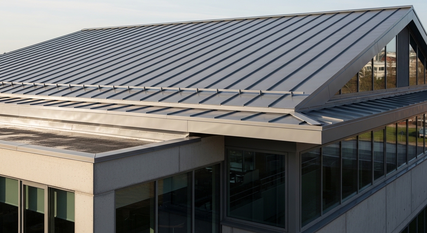 Cobertura metálica em zinco cinza de um edifício comercial moderno. A imagem destaca as linhas paralelas do telhado de inclinação dupla (duas águas), o acabamento impecável das calhas e a integração com grandes fachadas de vidro, refletindo durabilidade e design contemporâneo.